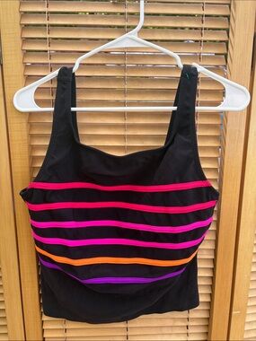 Longitude Black Bathing Suit Top with Pink, Fuchsia, Orange and Purple Stripes